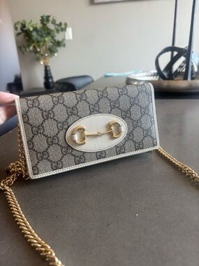 Gucci Beige Gray GG Canvas Chain Small Crossbody Wallet